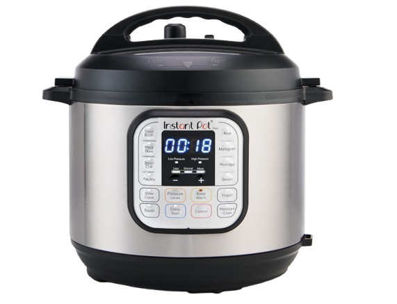 Instant Pot Duo 7-in-1 electric pressure cooker with stainless steel exterior and digital control panel. Multi-function appliance for pressure cooking, slow cooking, sautéing, steaming, rice cooking, yogurt making, and warming.