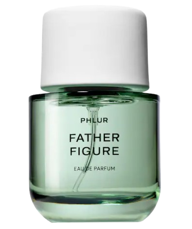 PHLUR Father Figure Eau de Parfum in a clear green glass bottle with white cap, a soft woody scent with notes of fig, iris, sandalwood, and creamy musk.