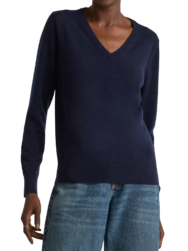 Quince Navy Mongolian Cashmere V-Neck Sweater