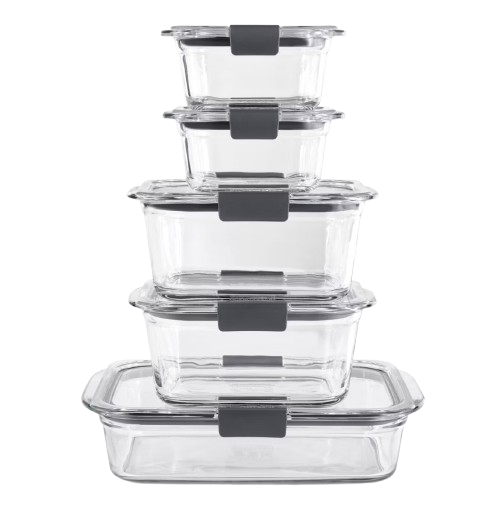 Stacked clear glass food storage containers with gray locking lids, shown empty to highlight airtight, leak-resistant design for meal prep and leftovers.