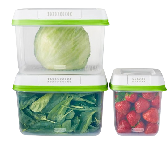 Rubbermaid FreshWorks produce saver containers with green vented lids, holding lettuce, spinach, and strawberries to help keep produce fresh longer in the refrigerator.