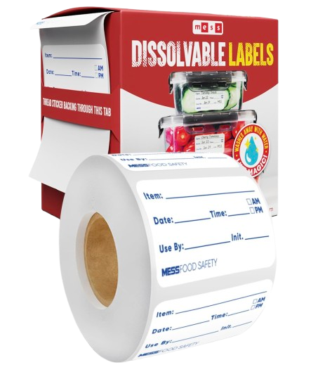 Roll of dissolvable food storage labels with item, date, and time fields, designed to wash away easily with water for reusable containers.