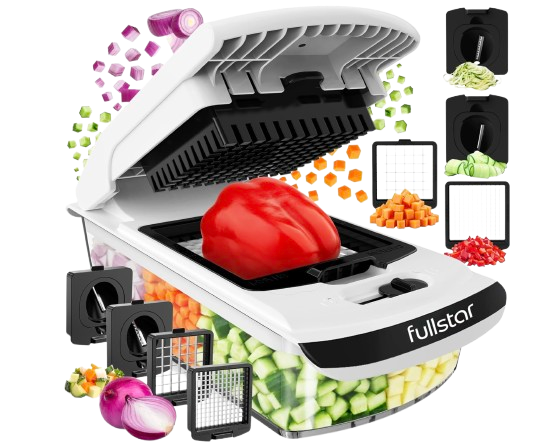 Fullstar 4-in-1 vegetable chopper with interchangeable blade inserts, shown dicing peppers, onions, and cucumbers into uniform pieces over a clear container.
