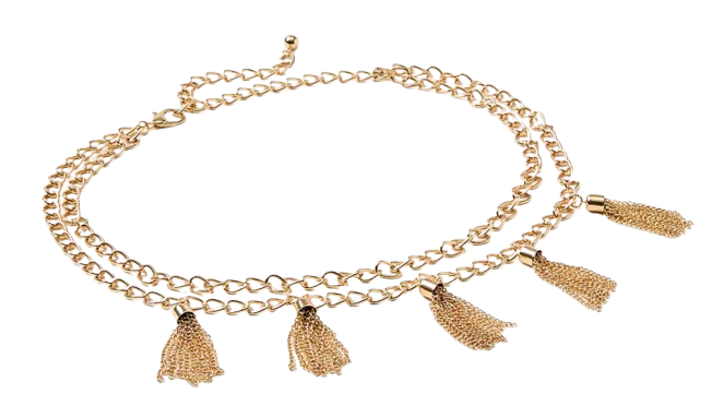 Gold-tone double-chain belt with dangling tassel accents, designed to sit at the waist or hips for added polish.