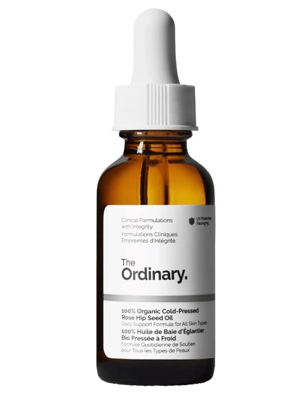 The Ordinary 100% Organic Cold-Pressed Rose Hip Seed Oil in an amber glass dropper bottle. A lightweight facial oil that helps improve skin texture, brightness, and hydration using pure rose hip seed oil.