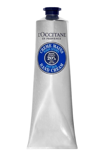 L’Occitane Shea Butter Hand Cream in a silver aluminum tube. Rich hand cream formulated with 20% shea butter to deeply moisturize and soften dry hands.