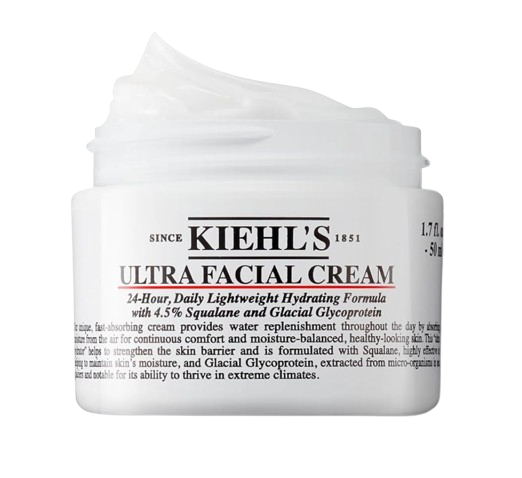 Kiehl’s Ultra Facial Cream in a white jar with black text. Lightweight daily moisturizer formulated with squalane and glacial glycoprotein to provide long-lasting hydration and support the skin barrier.