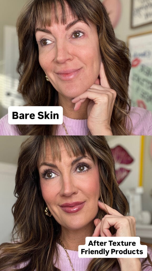 Before and after comparison showing woman with bare skin on top and finished makeup look on bottom using texture-friendly products, wearing lilac sweater with gold earrings, demonstrating natural-looking coverage without settling into lines