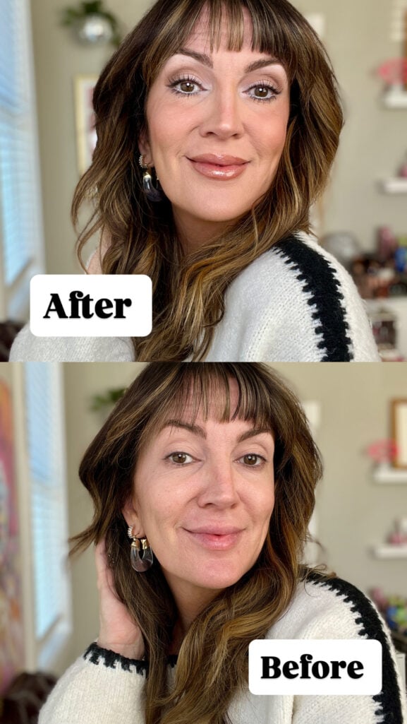 Before and after comparison showing woman without makeup on bottom and with completed Cloud Dancer white makeup look on top, wearing cream and black sweater