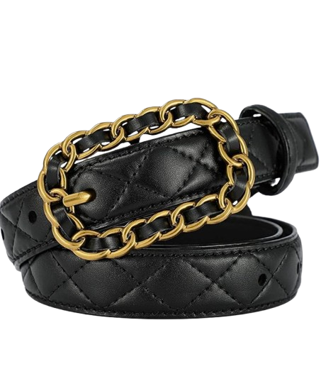 Chanel-inspired quilted leather belt with gold chain detail