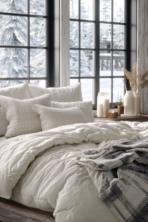 Sunlit winter bedroom with white layered bedding, textured neutral pillows, and a folded plaid throw at the foot of the bed, framed by large black-pane windows overlooking snow-covered trees.