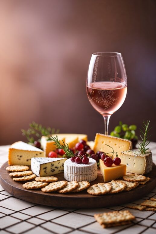 An elegant cheese board with a glass of rosé wine, featuring assorted soft and aged cheeses, golden crackers, red grapes, and fresh rosemary sprigs on a round wooden board"