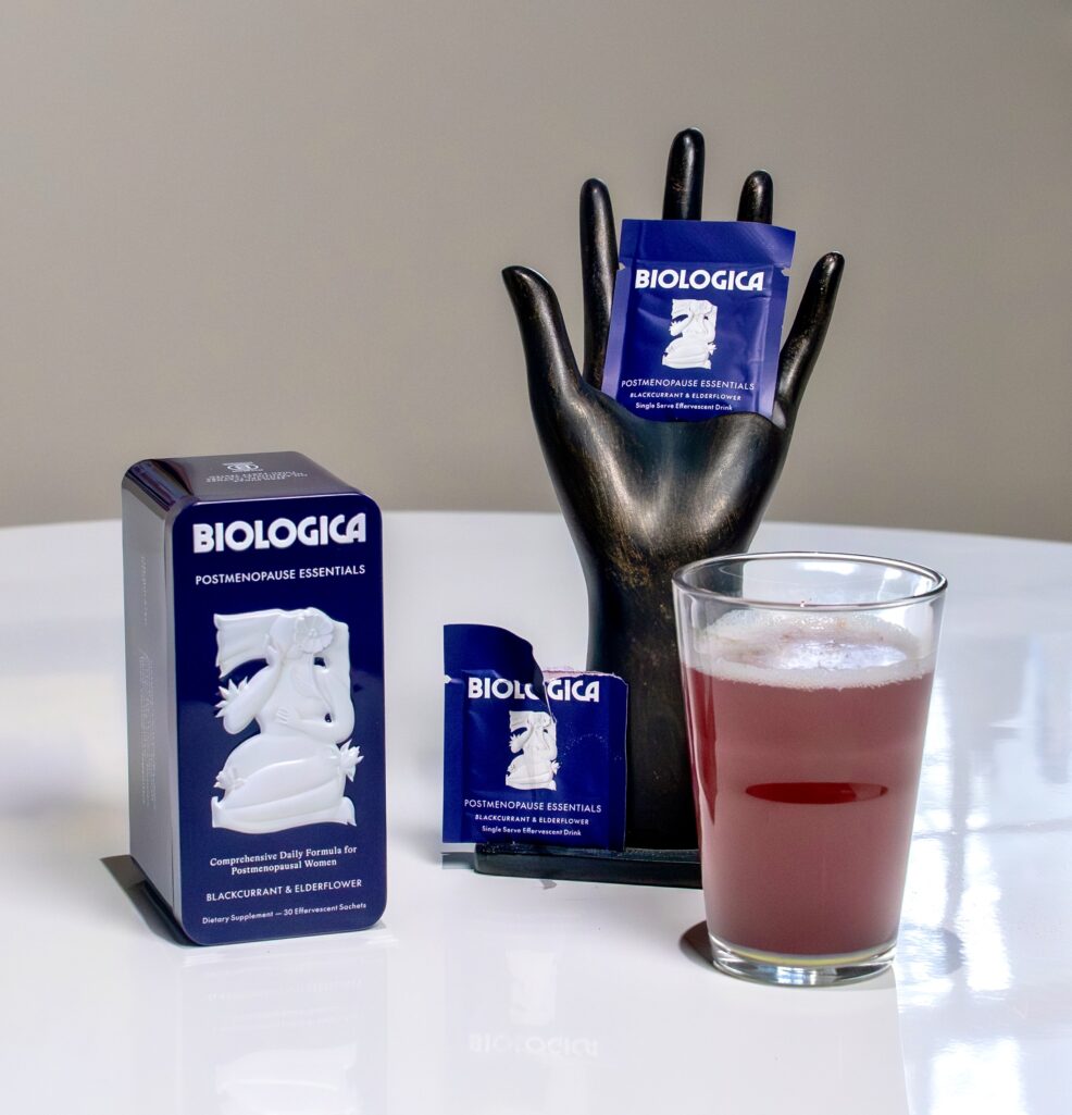 Biologica Postmenopause Essentials tin containing 30 sachets of bone health and energy support supplements