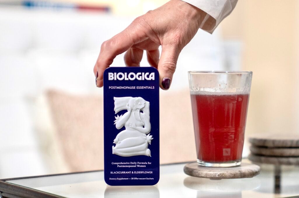 Biologica Postmenopause Essentials tin and sachets with Vitamin D3 calcium and K2 for bone health after menopause