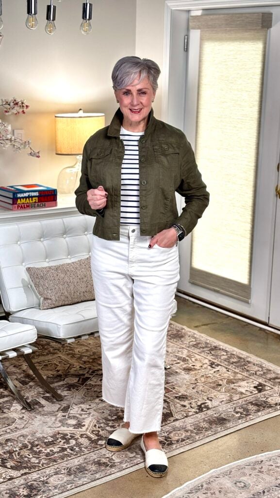 Quince European linen jacket in bayberry olive styled with a white tee and white wide-leg denim for an elevated budget-friendly spring outfit