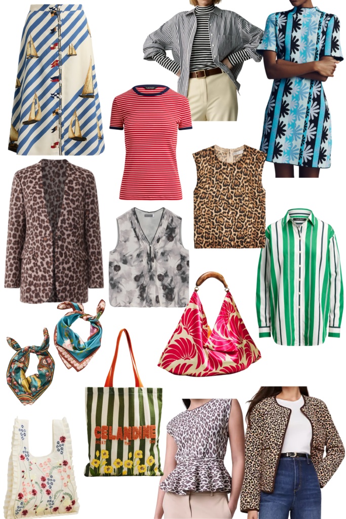 Collage of winter to spring print picks for petites featuring leopard print blazers and tops, striped shirts and tees, floral scarves and bags, gingham totes, and a sailboat print skirt