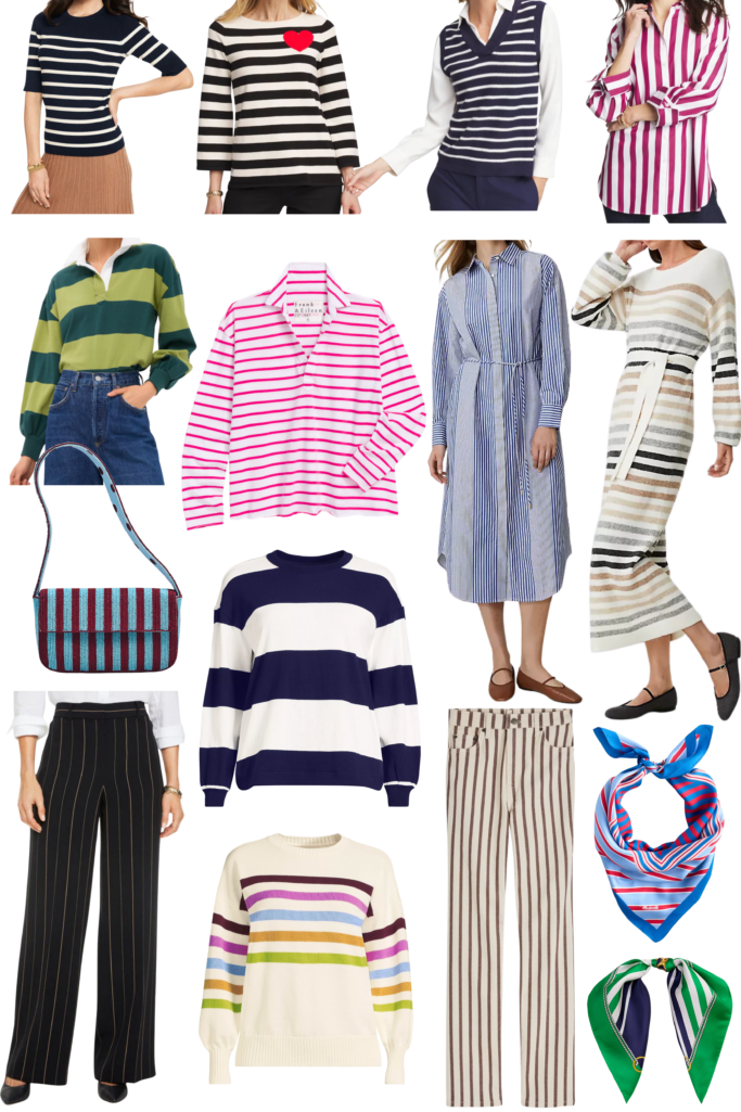 Collage of striped clothing and accessories for women over 50 including striped sweaters, striped button-down shirts, striped dresses, a striped beaded bag, striped wide-leg pants, and striped silk scarves — all trending for 2026.