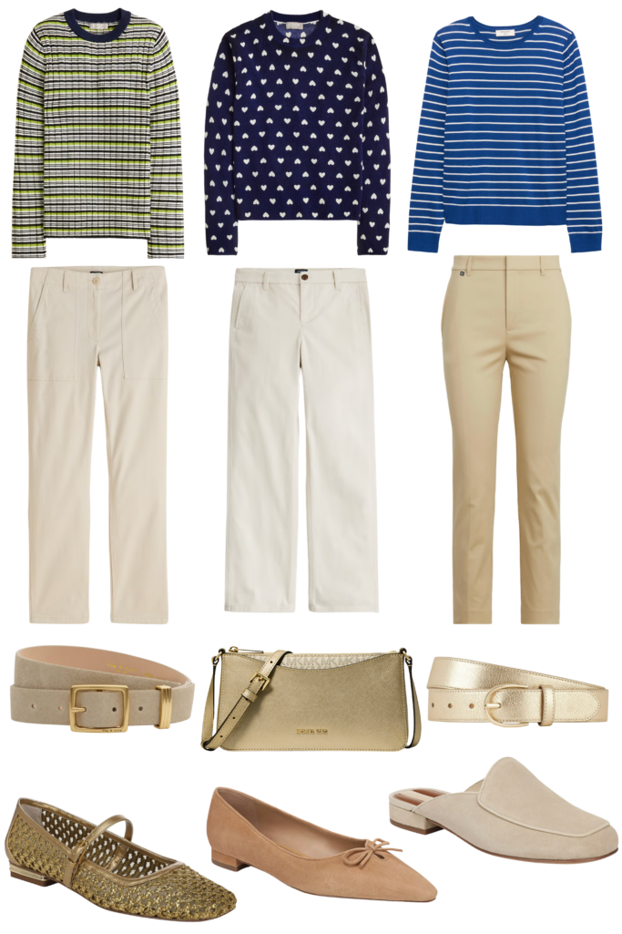 More ways to wear it collage showing three in-between season outfit combinations for petites — green striped crewneck sweater with cream utility pants, navy heart print sweater with white wide-leg pants, and blue striped sweater with tan ankle pants, styled with neutral and gold accessories including a suede belt, gold crossbody bag, gold metallic belt, woven gold flats, nude pointed-toe ballet flats, and cream suede loafer mules