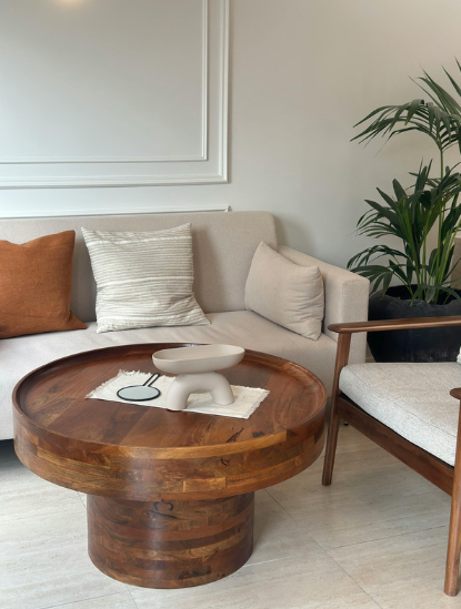Bright living room with furniture arranged to highlight natural light, featuring light-colored upholstery, a round wooden coffee table, and greenery near large windows.