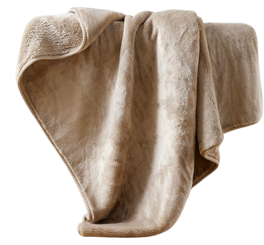 Beige Pottery Barn Cozy Cloud plush throw blanket draped over a sofa, highlighting ultra-soft texture and cozy, heavyweight drape.