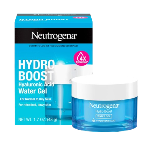 Neutrogena Hydro Boost Water Gel moisturizer in a clear blue jar with white lid, shown beside the box. Lightweight gel formula with hyaluronic acid for intense hydration and dewy skin.