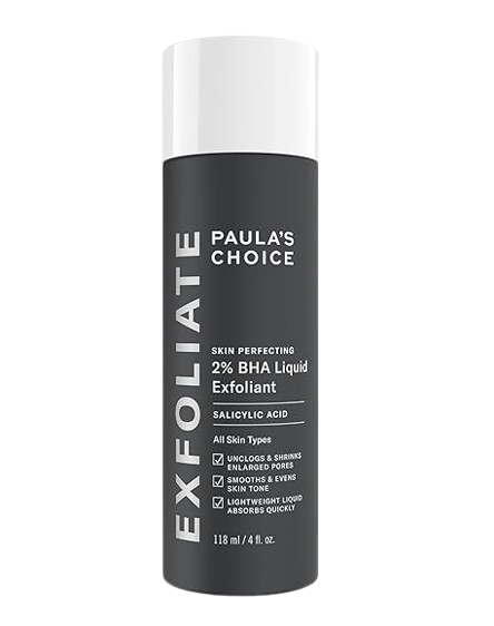 Paula’s Choice 2% BHA Liquid Exfoliant in a sleek black bottle. Salicylic acid treatment designed to unclog pores, smooth skin texture, and refine uneven tone.
