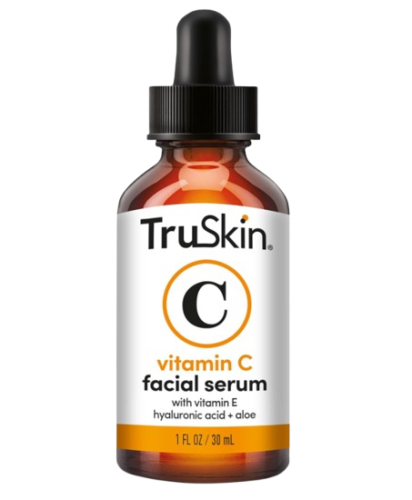 TruSkin Vitamin C facial serum in an amber glass dropper bottle. Brightening serum formulated with vitamin C, vitamin E, hyaluronic acid, and aloe to support radiant-looking skin.
