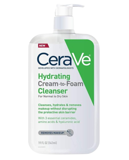 CeraVe Hydrating Cream-to-Foam Cleanser in a large white pump bottle. Gentle cleanser that removes makeup while maintaining the skin barrier with ceramides and hyaluronic acid.