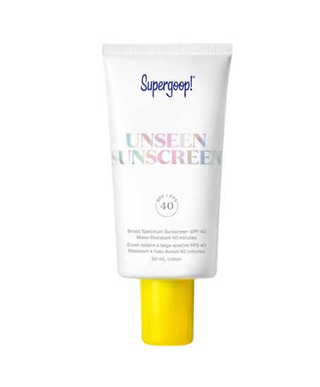 Supergoop! Unseen Sunscreen SPF 40 in a white tube with yellow cap, shown with a clear gel swatch. Invisible, weightless sunscreen that works as a makeup primer and leaves no white cast.