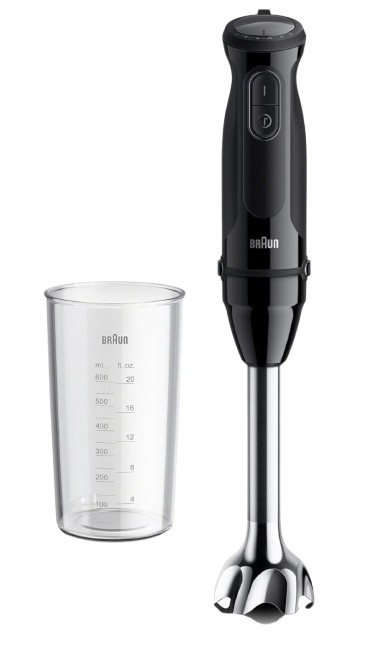 Braun MultiQuick 5 immersion blender with stainless steel blending shaft and included measuring cup, designed for soups, sauces, and smoothies.