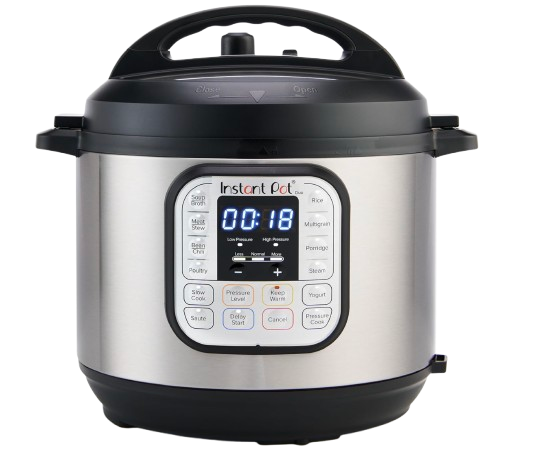 Stainless steel Instant Pot Duo 6-quart electric pressure cooker with digital control panel, sauté, slow cook, rice, soup, and pressure cooking functions.