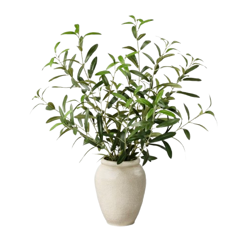 Faux leafy green plant with slender sage-toned stems arranged in a small textured off-white ceramic vase.