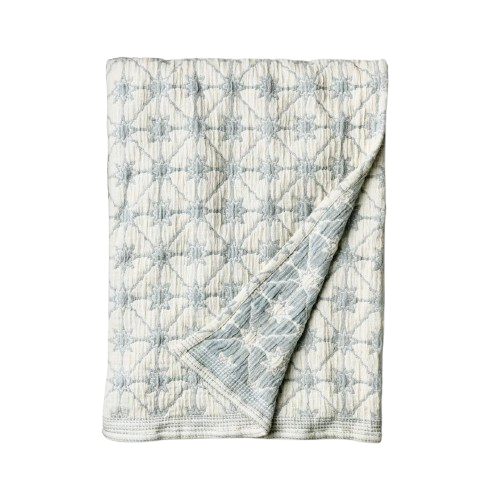 Rectangular blue and cream floral patterned textile featuring delicate botanical vines and blooms on a neutral background.