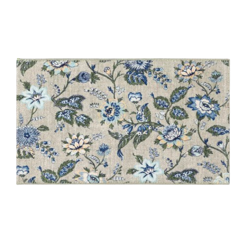 Rectangular blue and cream floral patterned textile featuring delicate botanical vines and blooms on a neutral background.