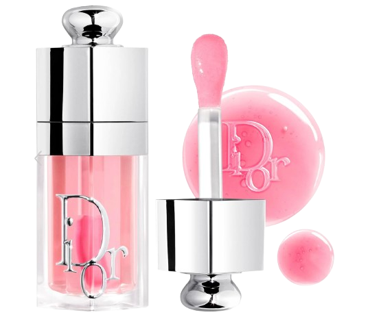 Dior Lip Glow Oil in soft pink shade with oversized doe-foot applicator and glossy, glass-like finish shown in a clear bottle with silver cap and Dior logo.