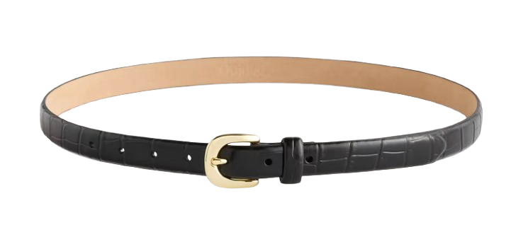 Slim black European leather belt with subtle croc-embossed texture and polished gold buckle, ideal for defining the waist on dresses or trousers.