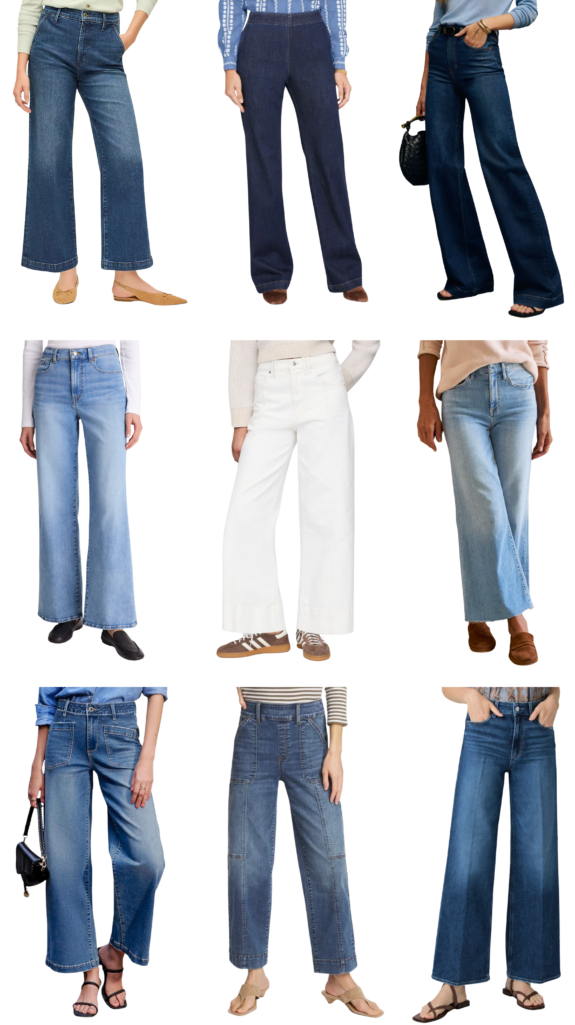 Collage of nine wide-leg denim styles in various washes including dark indigo, medium wash, light wash, and white, showing different silhouettes from cropped wide-leg to full-length flares, styled with flats, loafers, and sneakers