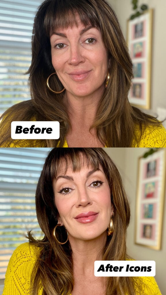 Before and after comparison showing woman with bare face on top labeled "Before" and full makeup look on bottom labeled "After Icons," wearing yellow sweater and gold puffy hoop earrings, demonstrating transformation using all 7 iconic products with luminous skin, defined lashes, rosy cheeks, and mauve-pink lips