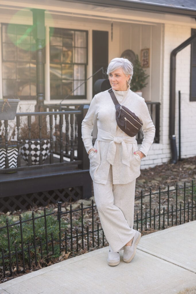 elevated athleisure outfit women over 50 — Varley Ivory Marl belted set with espadrilles