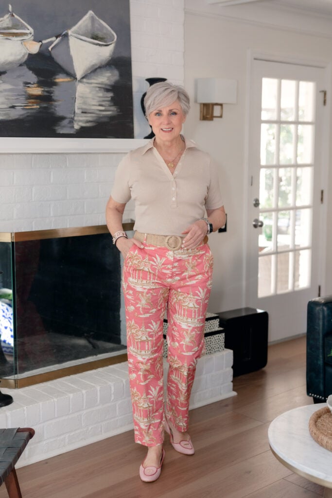 Beth wearing a V-Neck Tee and parisian pergola pants