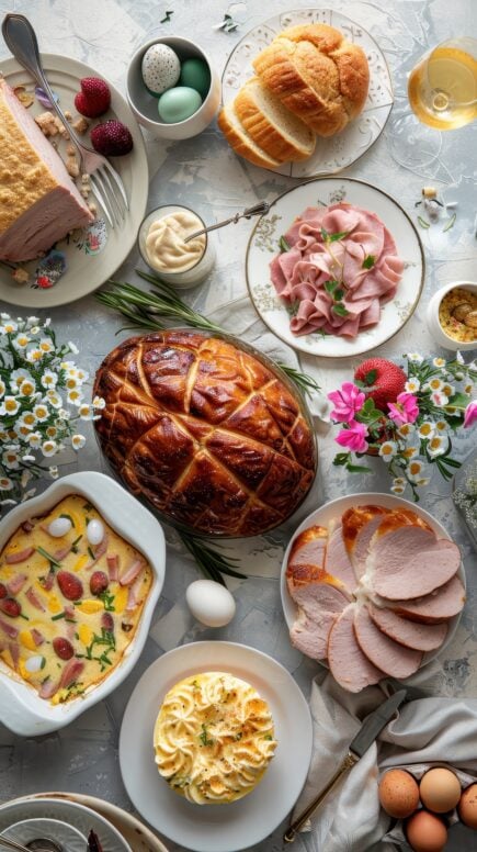 Overhead flat lay of a spring brunch spread featuring a baked egg casserole, sliced ham, braided bread, fresh flowers, and champagne on a light marble surface