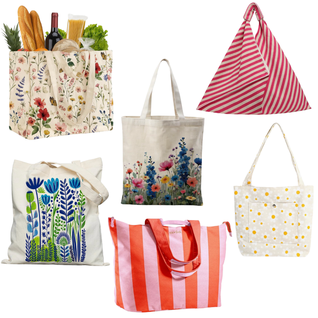 Collage of colorful spring canvas tote bags including a wildflower botanical print tote, a cream linen floral garden tote, a hot pink and white striped triangular market bag, a blue and green folk art floral tote, a pink and orange wide-stripe zip tote, and a cream and yellow polka dot shoulder bag — fun spring canvas tote bags for women over 50