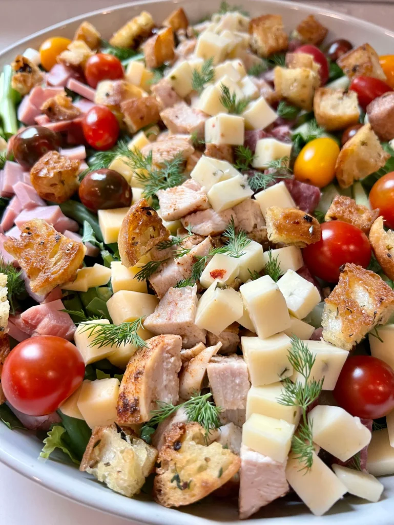 Close-up of composed chef salad with diced chicken, pepper jack cheese, ciabatta croutons, cherry tomatoes, ham, and fresh dill in a white serving bowl