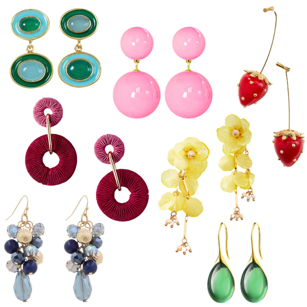 Collage of colorful statement drop earrings for spring including teal and green enamel oval drops, pink bubble drops, red strawberry ear climbers, burgundy woven disk drops, yellow flower cluster drops, navy and blue crystal cluster drops, and green teardrop drops — bold color earrings for women over 50, spring 2026