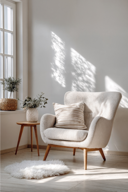 Bright, airy living room corner with a neutral upholstered armchair, striped throw pillow, small wooden side table with greenery, and soft sunlight casting shadows on the wall.