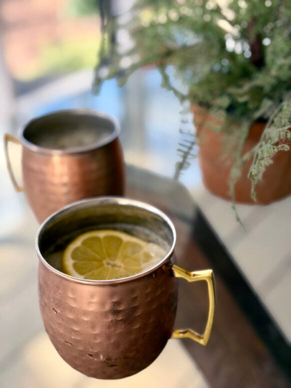 Two Irish Mules in hammered copper mugs garnished with lemon wheels, a trailing fern plant in the background catching the afternoon light