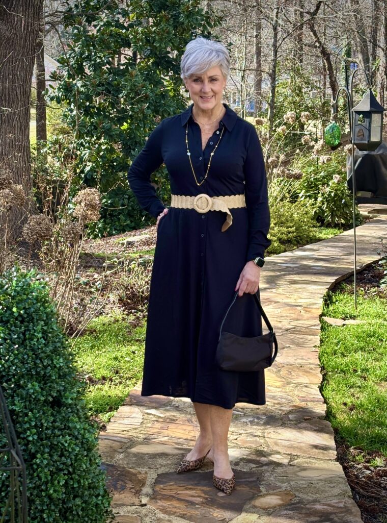  Black shirtdress + raffia belt + leopard pointed flats + black crossbody + gold station necklace