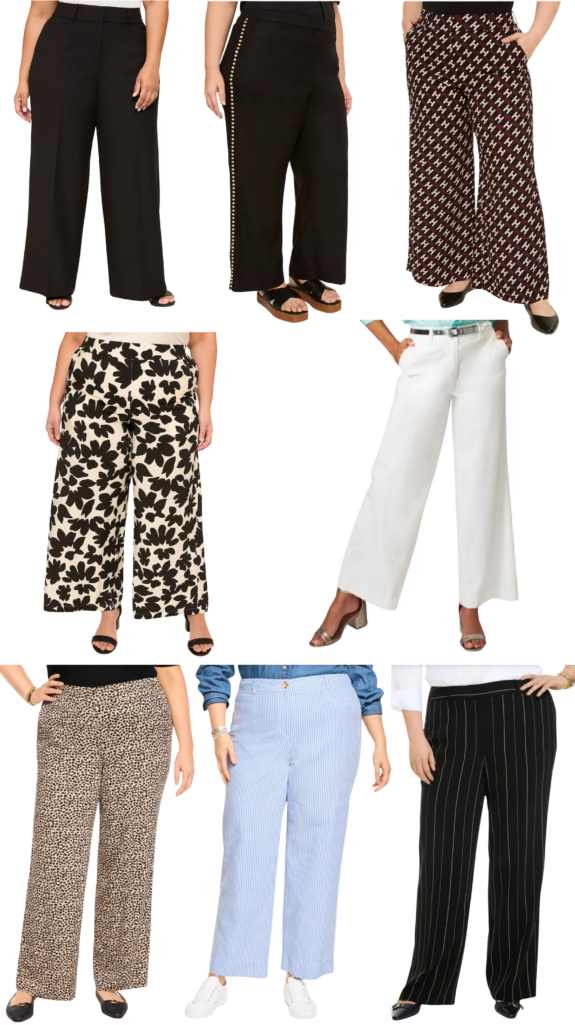 Shopping collage with 8 recommended wide leg pants for petite plus-sized women