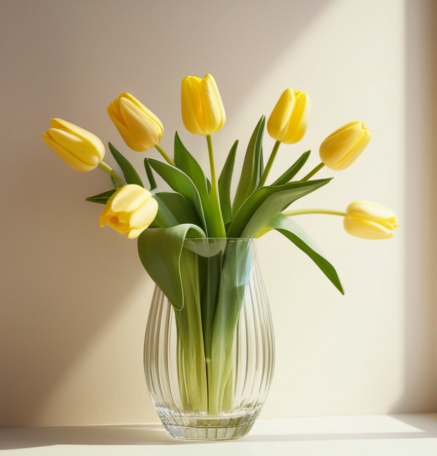 Fresh yellow tulips arranged in a clear glass vase, set in soft natural light for a bright, minimalist home decor look.