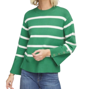 Chico’s Striped Button Sleeve Crewneck Pullover Sweater